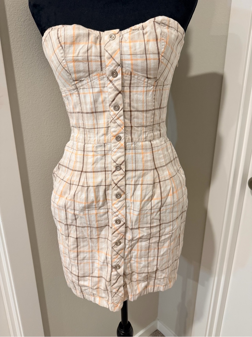 Guess Strapless Plaid Mini Dress in Cream and Tan